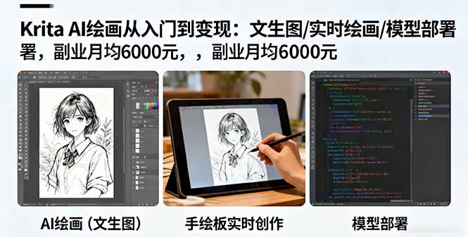 Krita AI绘画从入门到变现：文生图/实时绘画/模型部署，副业月均6000元-jixi