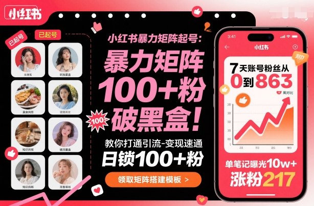 小红书暴力矩阵起号，教你打通引流-变现速通，日锁100+粉，破流量黑盒-jixi