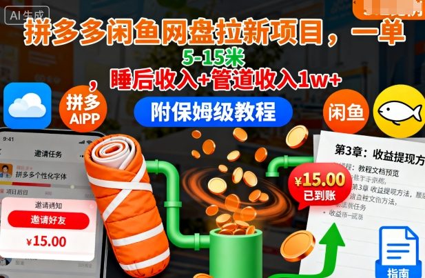 拼多多闲鱼网盘拉新项目，一单5-15米，睡后收入+管道收入1w+(附保姆级教程)-jixi