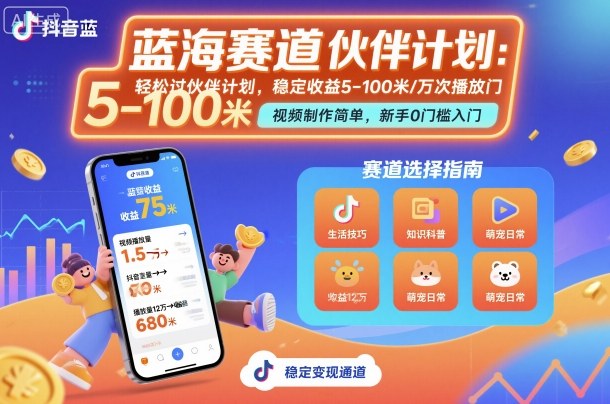 抖音蓝海赛道，轻松过伙伴计划，视频制作简单，万次播放收益在5-100米，稳定收益-jixi