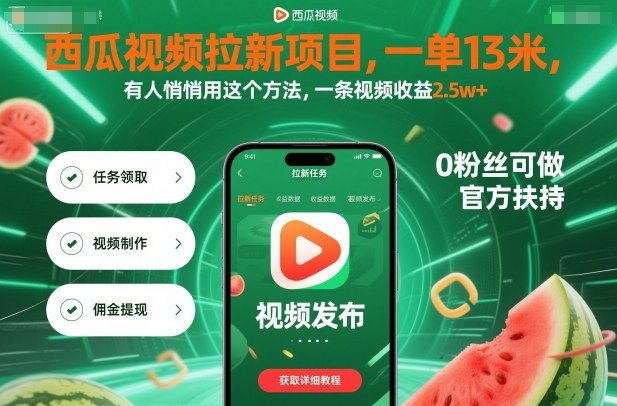 西瓜视频拉新项目，一单13米，有人悄悄用这个方法，一条视频收益2.5w+(附详细教程)-jixi