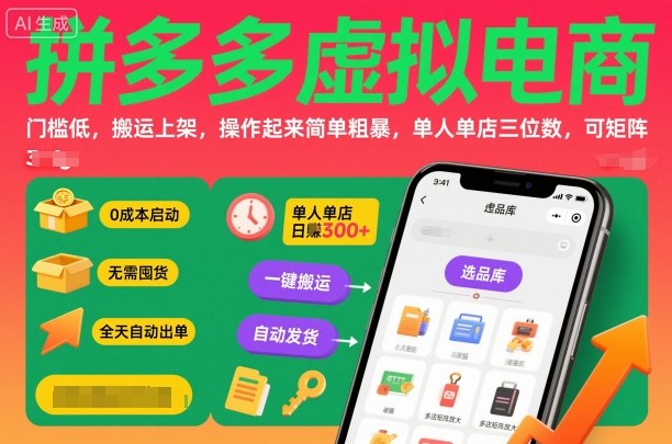 拼多多虚拟电商，门槛低，搬运上架，操作起来简单粗暴，单人单店三位数，可矩阵-jixi