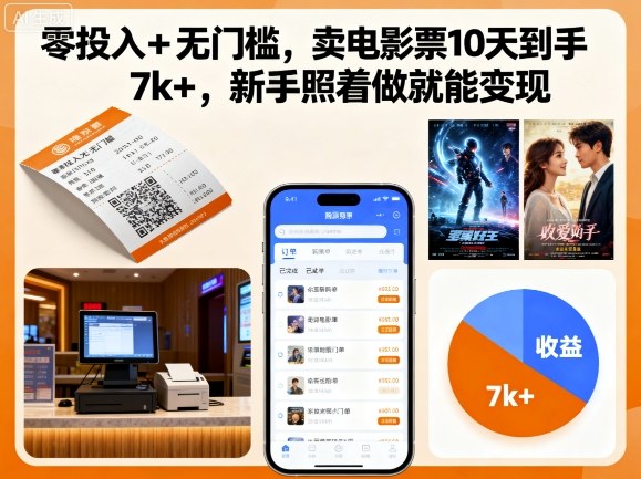 零投入+无门槛，卖电影票10天到手7k+，新手照着做就能变现【揭秘】-jixi