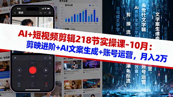 AI+短视频剪辑218节实操课-10月：剪映进阶+AI文案生成+账号运营，月入2万-jixi