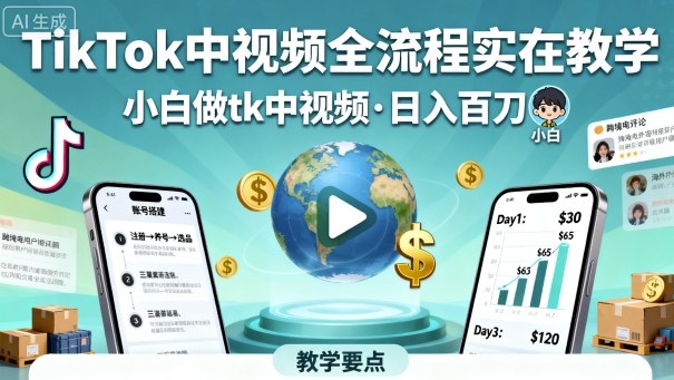 TikTok中视频全流程实操教学，小白做tk中视频，日入百刀-jixi