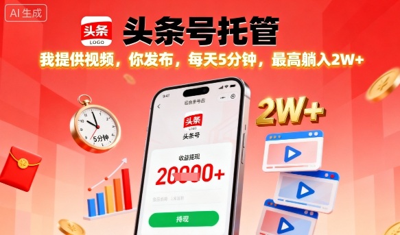 【头条号托管】我提供视频，你发布，每天5分钟，最高躺入2W+【揭秘】-jixi