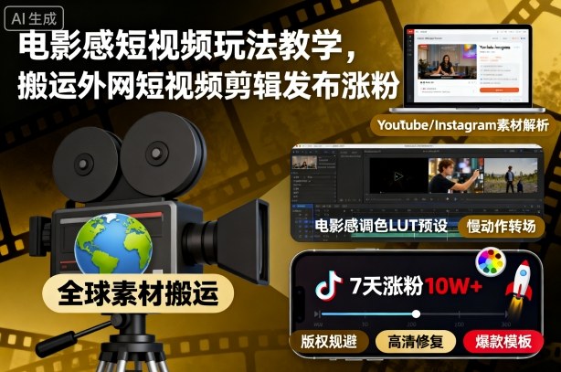 电影感短视频玩法教学，搬运外网短视频剪辑发布涨粉-jixi