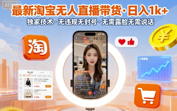 最新淘宝无人直播带货，日入1k+，独家技术，无违规无封号，无需露脸无需说话【揭秘】-jixi