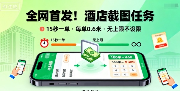 全网首发！酒店截图任务，15秒一单，每单0.6米，任务无上限不设限，矩阵操作单日3张到手【揭秘】-jixi