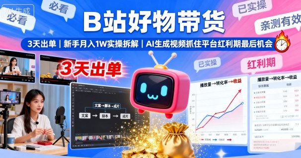 B站好物带货，3天出单，新手月入1W实操拆解，AI生成视频，抓住平台红利期最后机会-jixi