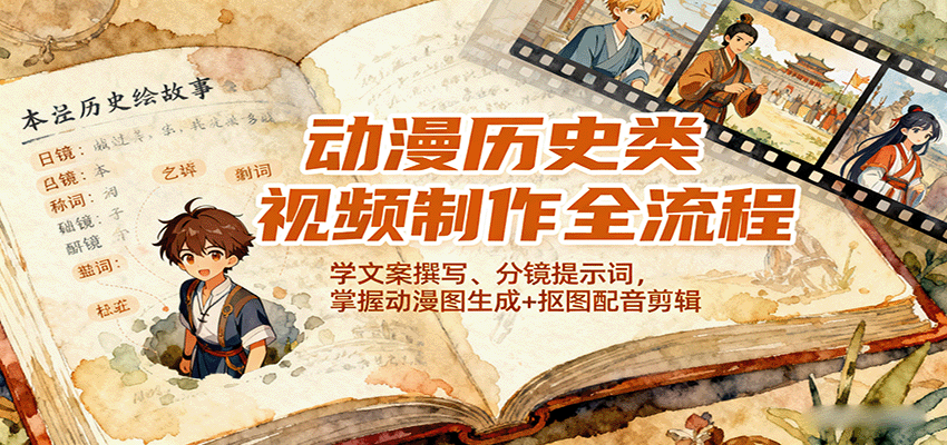 动漫历史类视频制作全流程，学文案撰写、分镜提示词，掌握动漫图生成+抠图配音剪辑-jixi