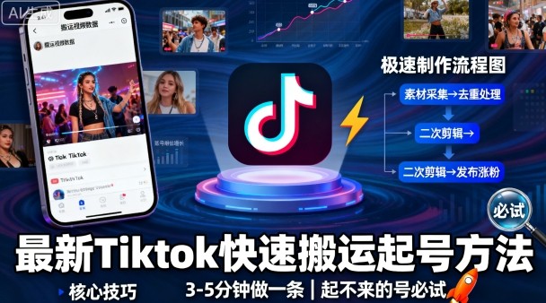最新Tiktok快速搬运快速起号方法，3-5分钟做一条，起不来的号可以试试-jixi
