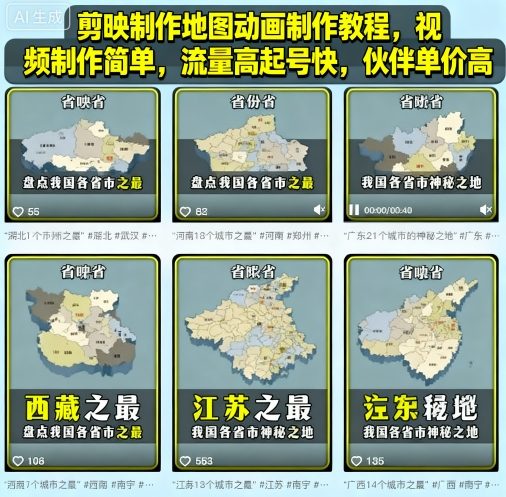 剪映制作地图动画制作教程，视频制作简单，流量高起号快，伙伴单价高-jixi