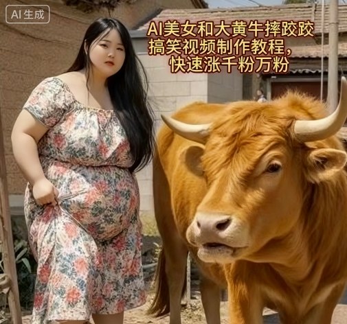 AI美女和大黄牛摔跤搞笑荒诞视频制作教程，快速涨千粉万粉-jixi