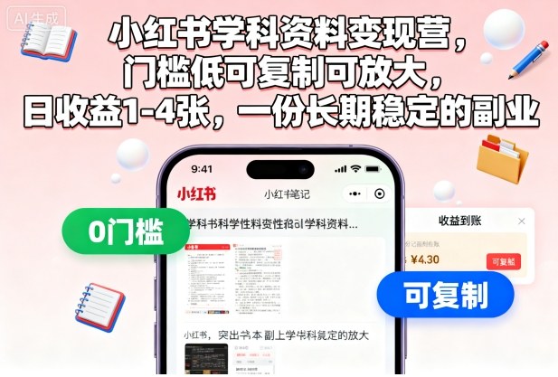 小红书学科资料变现营，门槛低可复制可放大，日收益1-4张，一份长期稳定的副业-jixi