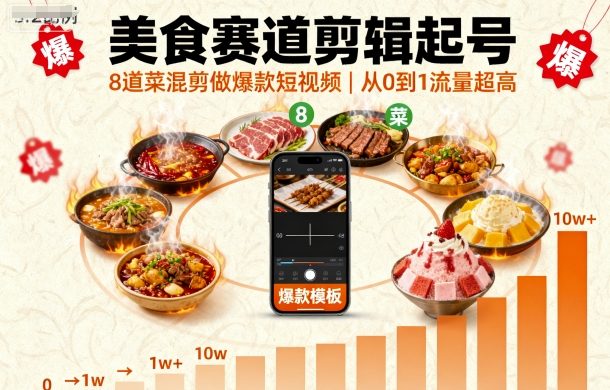 美食赛道剪辑起号，8道菜混剪做爆款短视频，从0到1，流量超高-jixi