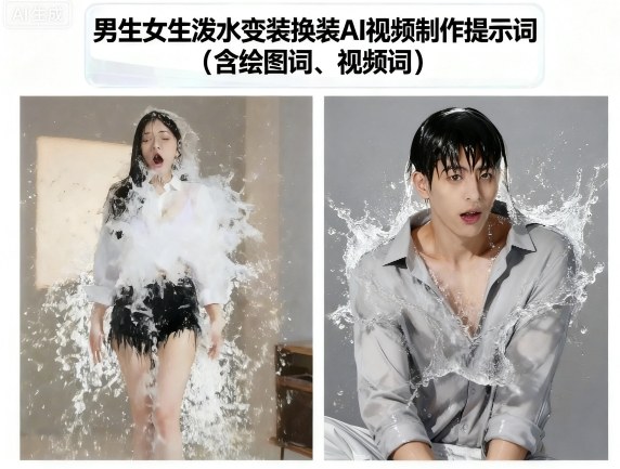男生女生泼水变装换装AI视频制作提示词(含绘图词、视频词)-jixi