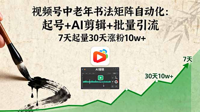 视频号中老年书法矩阵自动化：起号+AI剪辑+批量引流 7天起量30天涨粉10w+-jixi