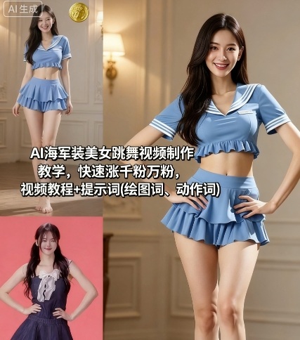AI海军装美女跳舞视频制作教学，快速涨千粉万粉，视频教程+提示词(绘图词、动作词)-jixi