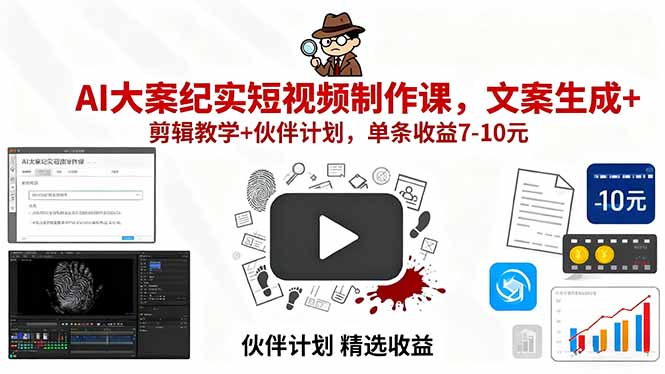 AI大案纪实短视频制作课，文案生成+剪辑教学+伙伴计划，单条收益7-10元-jixi