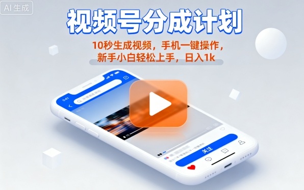 视频号分成计划懒人玩法，10秒生成视频，手机一键操作，新手小白轻松上手，日入1K【揭秘】-jixi
