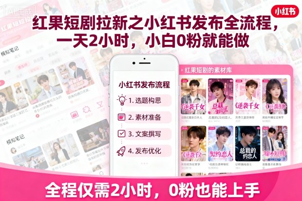 红果短剧拉新之小红书发布全流程，一天2小时，小白0粉就能做-jixi