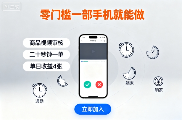 零门槛一部手机就能做，商品视频审核，通勤躺家碎片时间都能做，二十秒钟一单，单日收益4张【揭秘】-jixi