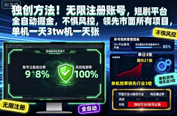 独创方法！无限注册账号，短剧平台全自动掘金，不惧风控，领先市面所有项目，单机一天3张【揭秘】-jixi