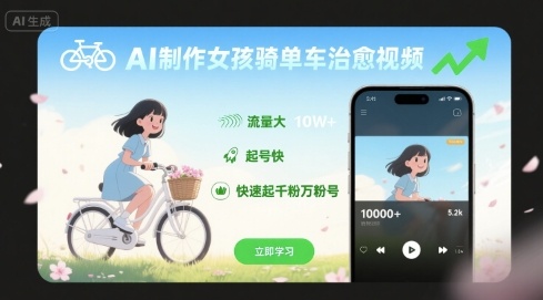 AI制作女孩骑单车治愈视频，流量大，起号快，快速起千粉万粉号-jixi
