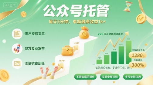 【公众号托管 】我提供文章，你发布，每天5分钟，单篇最高收益1k+【揭秘】-jixi