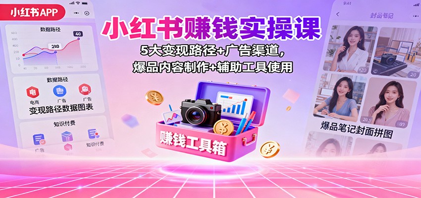 小红书赚钱实操课：5大变现路径+广告渠道，爆品内容制作+辅助工具使用-jixi