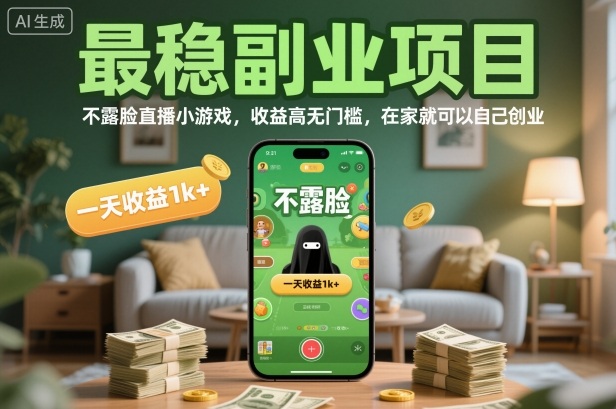 最稳副业项目，不露脸直播小游戏，收益高无门槛，一天收益1k+，在家就可以自己创业【揭秘】-jixi