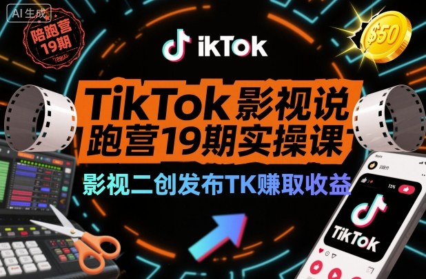 TikTok影视解说陪跑营19期实操课，影视二创发布TK賺取收益，万播收益50美金-jixi
