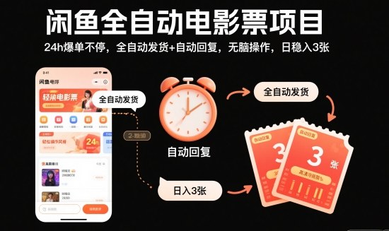 闲鱼全自动电影票项目，24h爆单不停，全自动发货+自动回复，无脑操作，日稳入3张【揭秘】-jixi