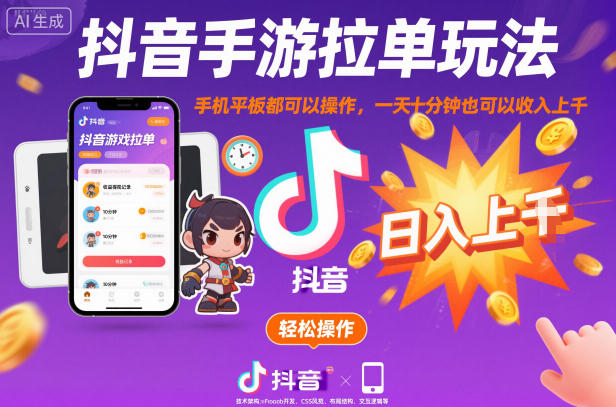 抖音手游拉单玩法，手机平板都可以操作，一天十分钟也可以收入上K【揭秘】-jixi