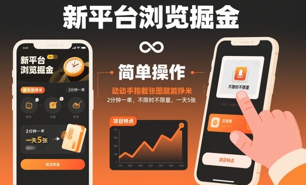 新平台浏览掘金，动动手指截张图就能挣米，2分钟一单，不限时不限量，一天5张【揭秘】-jixi