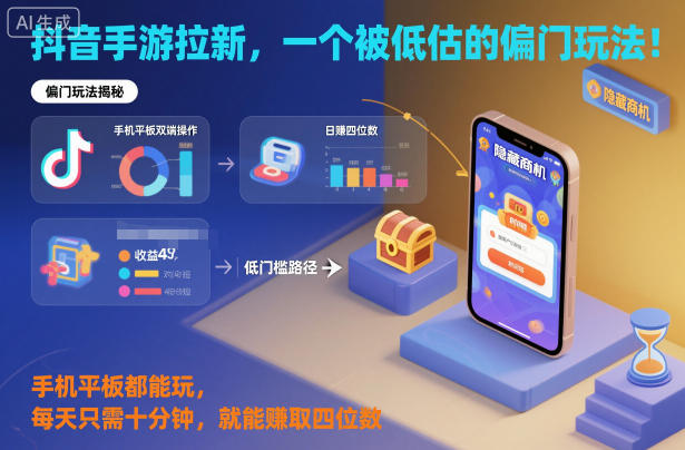 抖音手游拉新，一个被低估的偏门玩法！手机平板都能玩，每天只需十分钟，就能賺取四位数【揭秘】-jixi